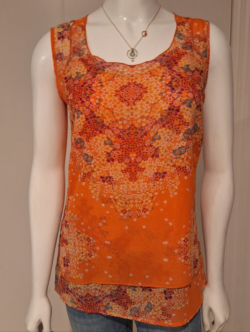 CAbi scoop neck orange floral print flowy tank top